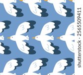 This seamless pattern features playful flying seagulls, gracefully soaring across a soft background. Ideal for beach themed designs, textiles, and any creative project celebrating natures beauty.