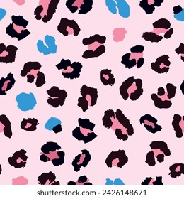 This seamless pattern features a playful and vibrant pink leopard print with blue accents. It is perfect for a variety of applications, including wallpaper, fabric,