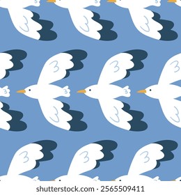 This seamless pattern features playful flying seagulls, gracefully soaring across a soft background. Ideal for beach themed designs, textiles, and any creative project celebrating natures beauty.