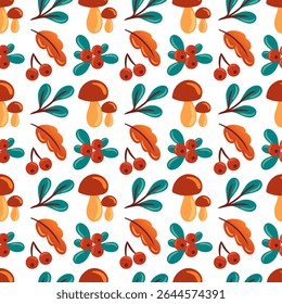 This seamless pattern features porcini mushroom, lingonberries, and foliage, creating a harmonious blend of nature. Perfect for eco-friendly designs, packaging, and autumn-themed projects.