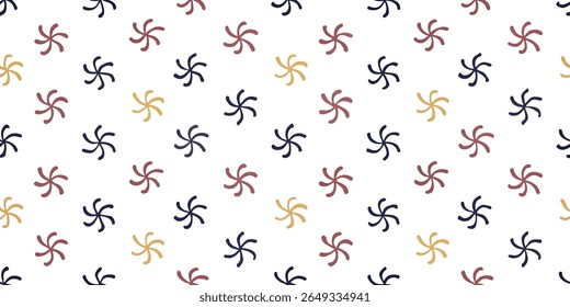This seamless pattern features a repeating arrangement of abstract, six-petal swirl shapes in navy blue, burgundy red, and golden yellow against a clean white backdrop.