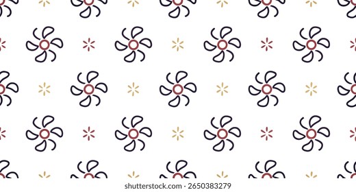 This seamless pattern features a repeating arrangement of simple, outlined flowers and starbursts in a limited color palette, creating a clean and decorative design.