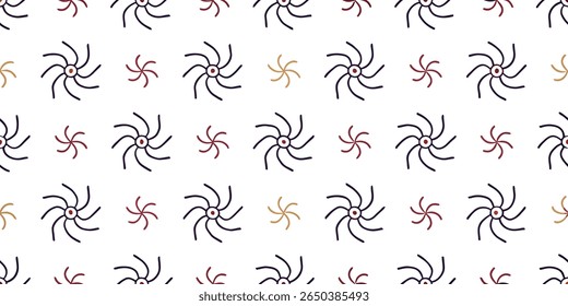 This seamless pattern features a repeating arrangement of abstract, swirling pinwheel-like motifs in a limited color palette of dark blue, burgundy, and gold.