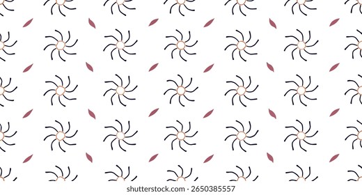 This seamless pattern features a repeating arrangement of abstract, star-like flowers with dark outlines and orange centers, interspersed with small, elongated red leaf shapes.
