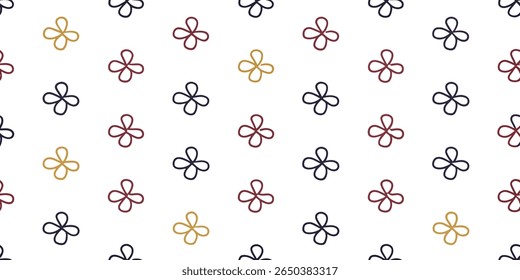 This seamless pattern features a simple, abstract design of four-leaf clovers. The shapes are outlined in navy blue, burgundy, and gold, creating a visually appealing and balanced composition.
