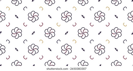 This seamless pattern features six-petal flowers outlined in dark purple with subtle red accents, interspersed with small dark grey diamond shapes and curved lines.