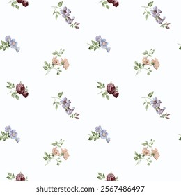 This seamless pattern features small, delicate bouquets of roses and blossoms in muted tones of pink, peach, lavender, and burgundy, set against a crisp white background.