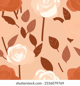 This seamless pattern features stylized roses in shades of white and orange, with brown stems and leaves, set against a peach background. Repetitive and elegant, suitable for wallpapers and fabric