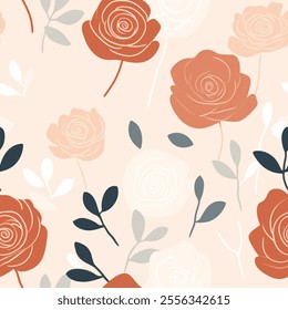 This seamless pattern features stylized roses in shades of terracotta, peach, and white,with dark and light gray leaves on a light beige background Elegant and suitable for various decorative purposes