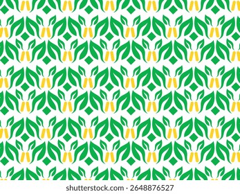 Este padrão sem costura apresenta folhas verdes estilizadas com acentos amarelos, criando um olhar exuberante e tropical. Ideal para embalagens ecológicas, batik padrão ou marca orgânica e estética natural