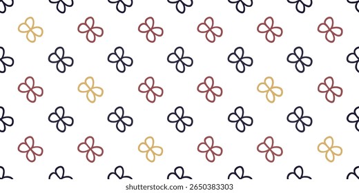 This seamless pattern features stylized four-petal flowers in navy blue, burgundy, and gold. The simple, repeating design creates a clean and modern aesthetic.
