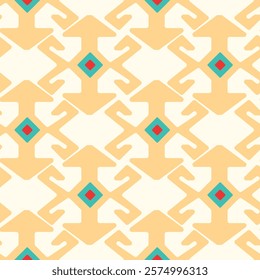 This seamless pattern features a traditional design from Turkic peoples, combining geometric shapes, floral elements, and vibrant colors in a continuous flow. Uzbekistan culture