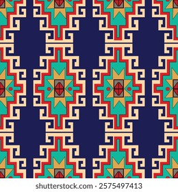 This seamless pattern features a traditional design from Turkic peoples, combining geometric shapes, floral elements, and vibrant colors in a continuous flow. Uzbekistan culture