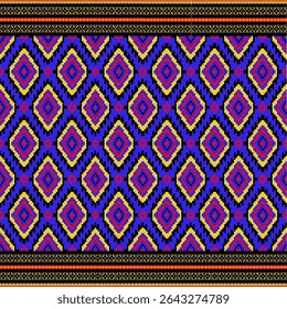 This seamless pattern features a traditional geometric textile design with vivid diamond shapes and bold colors. Inspired by cultural motifs, the artwork uses red, blue, yellow, and black to create