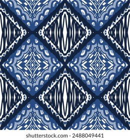 This seamless pattern features a vibrant blue abstract geometric design with a repeating diamond shape motif. Perfect for backgrounds, textiles, wallpapers, and more. The intricate design adds a touch