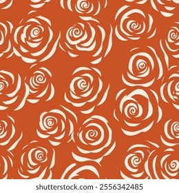 This seamless pattern features white, stylized roses with swirling petals on an orange background. The abstract floral design is visually appealing and repetitive, creating a vibrant and elegant look.