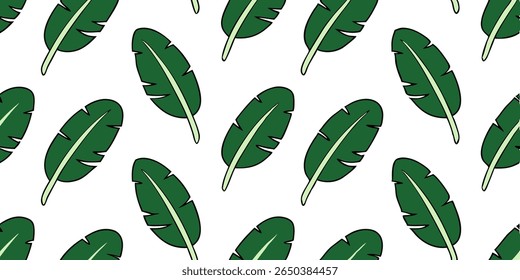 This is a seamless pattern featuring multiple stylized green banana leaves. Each leaf has a prominent light green central vein and a thick black outline.