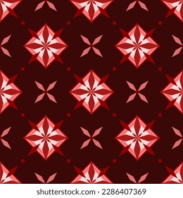 In this seamless pattern, featuring red-toned geometric flowers framed in a light square frame accentuate the flower against a dark red background, looking beautiful and interesting.