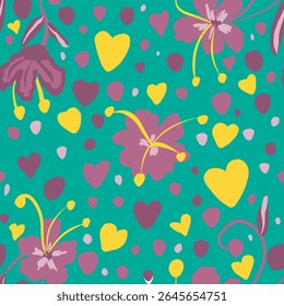 This is a seamless pattern featuring stylized purple flowers with yellow accents, interspersed with yellow hearts and various shades of purple dots, all on a vibrant teal background.