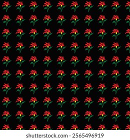 This is a seamless pattern featuring vibrant red flowers with yellow centers and green stems, ideal for textile or fabric designs, wallpapers, and digital backgrounds.