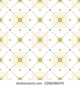 In diesem nahtlosen Muster sind florale Grafiken auf weißem Hintergrund angeordnet. Zusammen mit schön dekorierten Diagonalstreifen macht es noch interessanter.