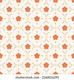 In this seamless pattern, flowers are arranged in lovely shapes, beautiful colors, decorated with circle dots and flower pollen on a white tone e, looking sweet and soft.
