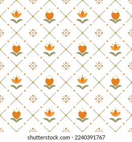 In this seamless pattern, flowers and heart-shape flowers are arranged alternately. Completely decorated with circles and crosses neatly arranged against a white background, looks beautiful and cute.