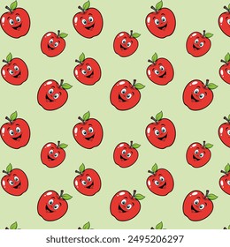 This seamless pattern of funny apples with eyes and mouths, in bright colors, adds a playful touch to any design.