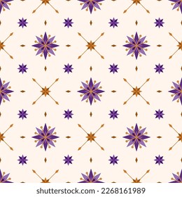 In this seamless pattern, geometric flower shapes switch shades to create a distinctive look. The surroundings are decorated with small geometric flowers on white background, looks elegant.