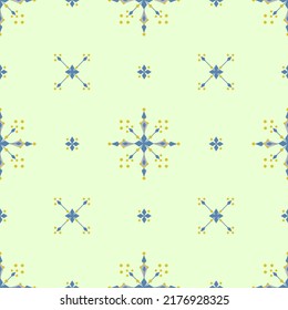 In this seamless pattern, the geometric flowers surrounded by yellow pollen give the impression of being a beautiful ornament on a pale yellow background. They look beautiful, sweet and charming.