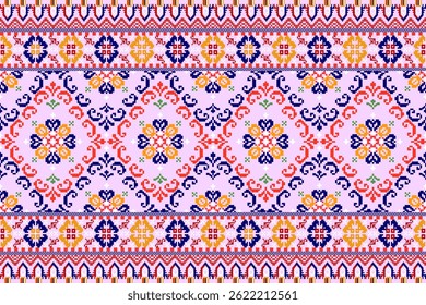 This seamless pattern with geometric motifs on a pink background features cultural, ethnic, and folk elements. A perfect seamless pattern for textiles, wrapping, and home décor with artistic heritage 
