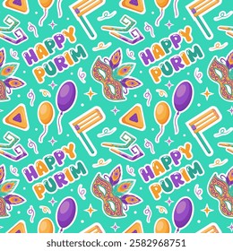 This seamless pattern for Happy Purim features delightful elements like Haman Klopfer, hamentashen, festive masks, and vibrant balloons, capturing the joy and celebration of this joyful Jewish holiday