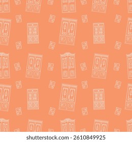 This seamless pattern has vintage doors and small decorative elements.
The doors are drawn in white outlines.
The background is soft peach-orange.
The style is retro and