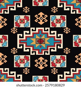 This seamless pattern is inspired by traditional Uzbek-Turkic ornamentation, featuring geometric shapes, floral motifs, and intricate details. 