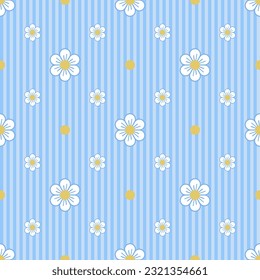 In this seamless pattern, large white flowers and yellow pollens are interspersed with smaller ones. A background with pastel blue vertical stripes alternating light and dark colors.