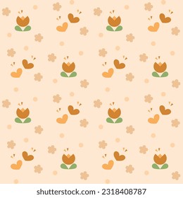 In this  seamless pattern, orange tulips interspersed with orange hearts on a light orange background. Around there are small flowers and orange circle, that looks cute, bright and beautiful.