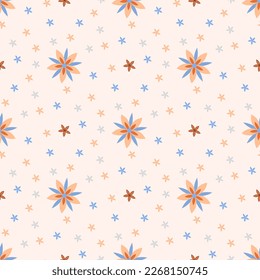 This is a seamless pattern with an orange-blue flowers are surrounded by small colorful flowers on a light orange tone background. That looks great and beautiful.