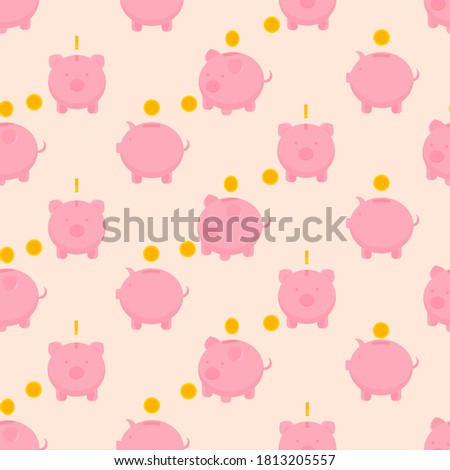 This is a seamless pattern with piggy and money on a light background.