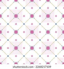 In this seamless pattern, pink toned floral graphics are arranged against a white background. Along with beautifully decorated diagonal strips, make it look even more interesting.