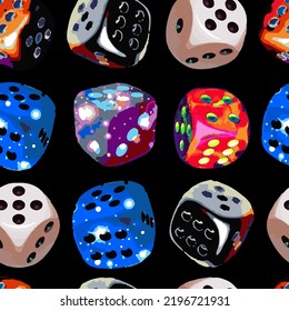 This is a seamless pattern of playing dice of different colors with the use of light, shadow, shine, glow effects. The bones are located at different angles
