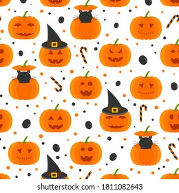 This is a seamless pattern with pumpkin, cat and hat on a white background.
