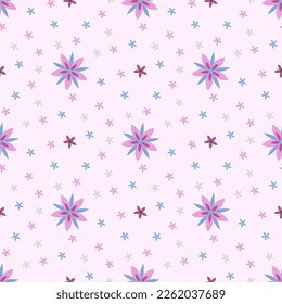 Se trata de un patrón sin costura, con flores de color morado rosado rodeadas de flores coloridas sobre un fondo rosa claro. Eso se ve genial y hermoso.