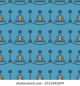 This seamless pattern is a repeating motif of stylized floral elements. It is an abstract design that can be used for a variety of purposes, including home decor,fashion, and packaging.sstkbackgrounds