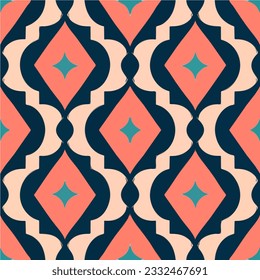 This seamless pattern showcases an art deco inspired diamond motif, repeating effortlessly for a striking visual appeal, perfect for fabrics and backgrounds.