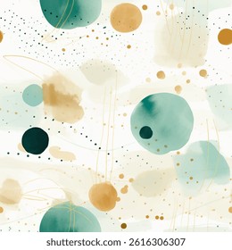 This seamless pattern showcases a blend of delicate watercolor dots and abstract shapes in soft colors, perfect for various creative applications and contemporary design themes