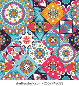 This seamless pattern showcases a collection of colorful, ornate, and intricate square tiles.