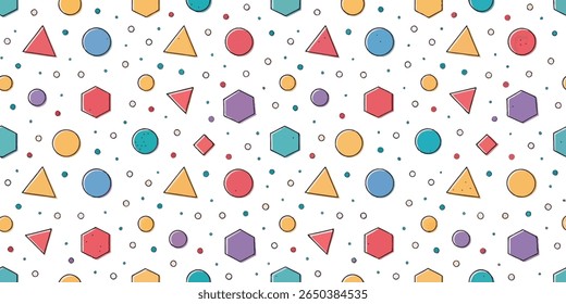 This seamless pattern showcases a delightful arrangement of triangles, circles, hexagons, and diamonds in bright colors, accented by small dots.