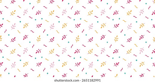 Este padrão sem emenda mostra um arranjo delicioso de folhas pequenas e estilizadas em rosa, amarelo e vermelho, intercaladas com minúsculos pontos azuis e linhas curvas.