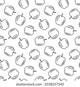 This seamless pattern showcases hand drawn apples in a playful doodle style. The simple fruit outline is perfect for various design projects, adding a fun and fresh touch.