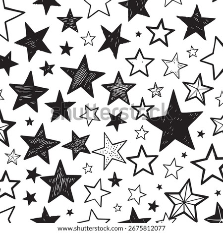 This seamless pattern showcases a playful collection of hand-drawn stars. It includes both bold, solid black stars and lighter, sketchy outline stars of various sizes.